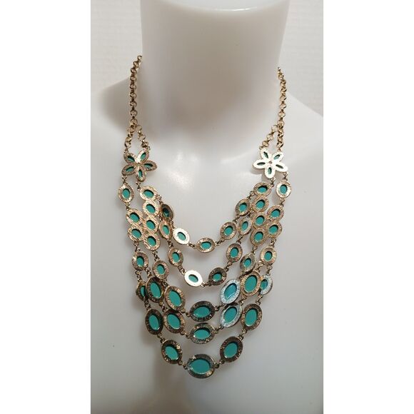Bold Turquoise Colored Statement Necklace with Gold-toned Chain and Floral - Picture 8 of 12